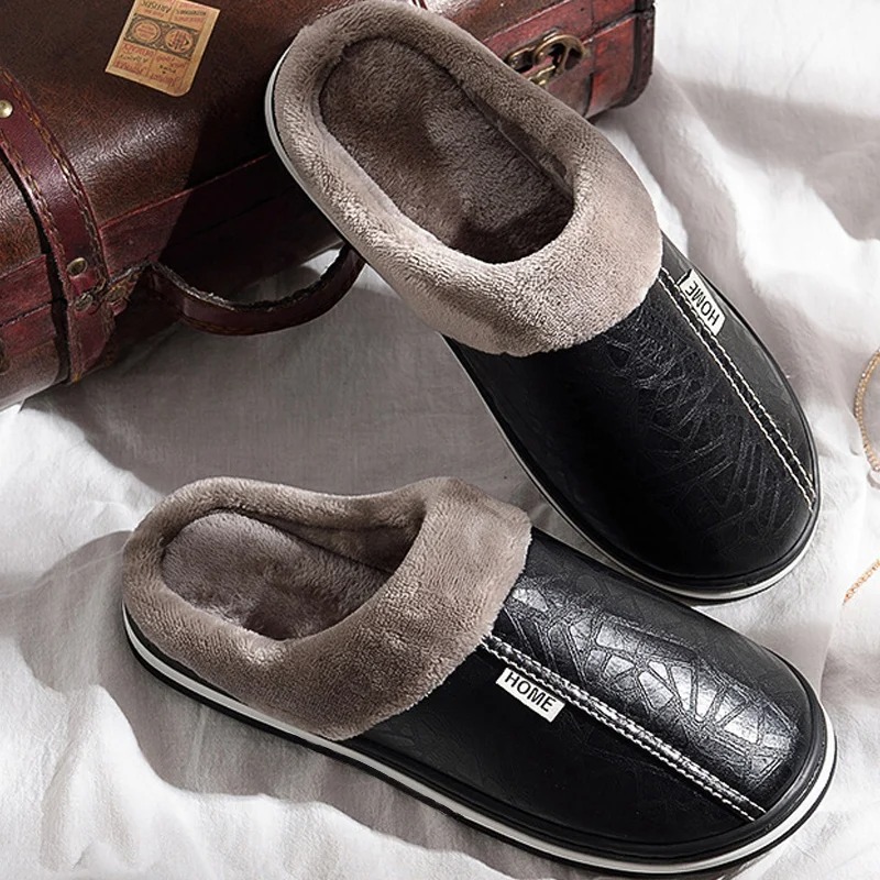 Pantoufle Homme Polaire Cuir Noir Ombre 4