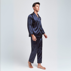 Pyjama Homme Satin Bleu Points Dores 4