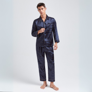 Pyjama Homme Satin Bleu Points Dores 5
