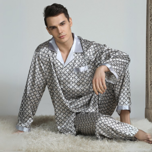 Pyjama Homme Satin Gris Motifs Ronds 3